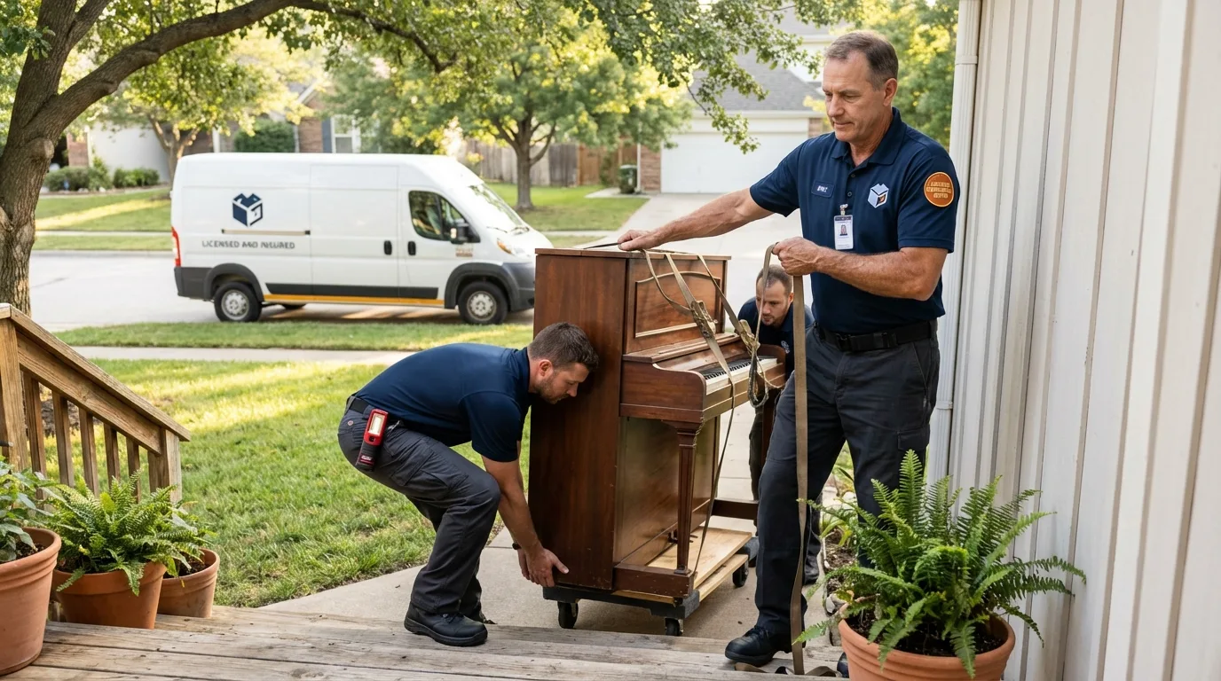 Licensed piano movers securing grand piano in Billerica, MA
