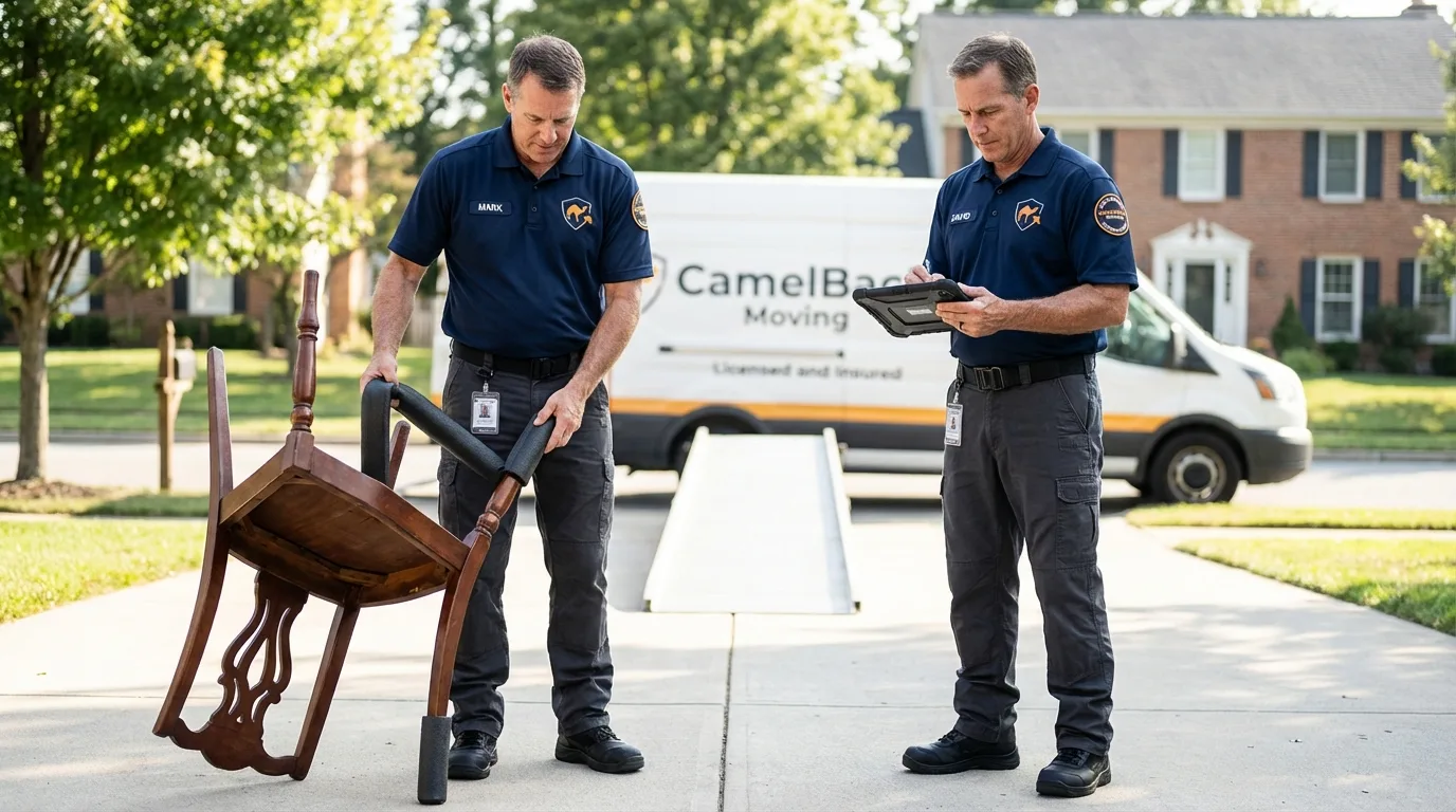 Movers inspecting furniture for damage prevention before loading in Billerica, MA